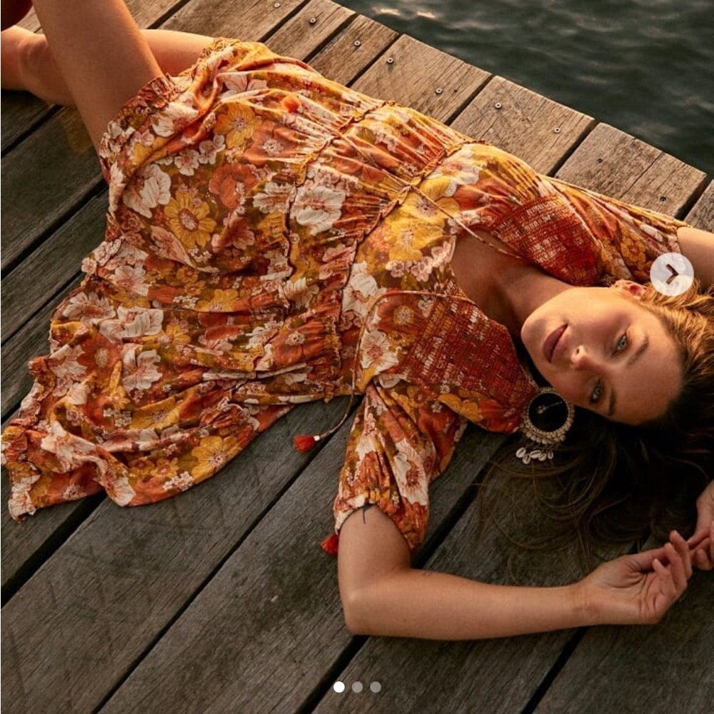 Bohemian Traders Smocked Tonal Embroidery Mini Dress in Retro Floral Rust - XXL